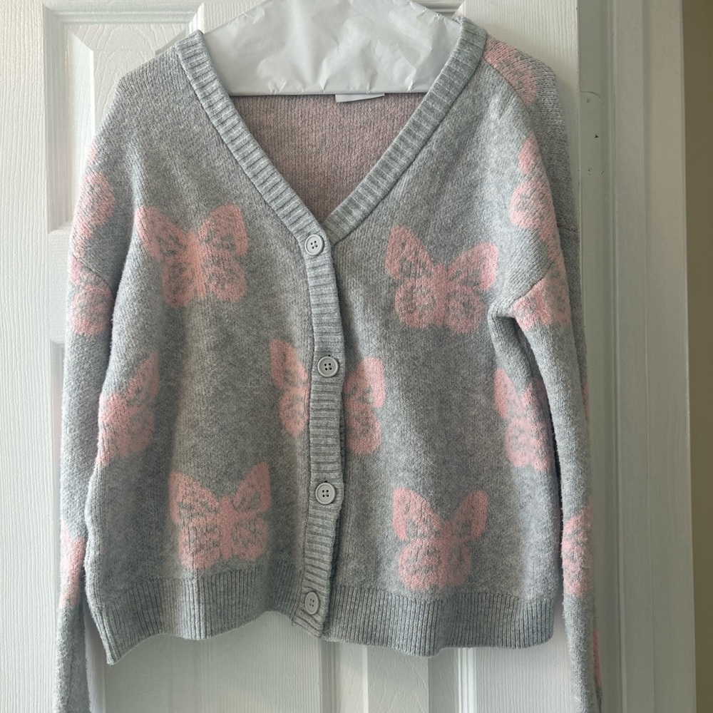 Gray and Pink Butterfly Patterned Girl’s Sweater
